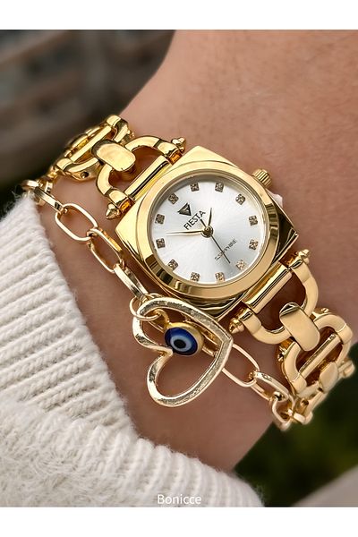 Fiesta Stone Case, Gold Yellow Steel Chain Cord Bridal Engagement Wedding Bridal Wristwatch Bracelet