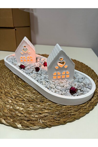 DİA HANDMADECOR OVAL TEPSİDE DEKORATİF 3 PARÇA EV MUMLUKLAR ( taşlar dahil )