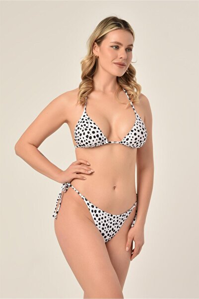AQUAVİVA Aquaviva Women's Black and White Speckle Pattern Triangle Slip Gathered Brazilian Bikini Set