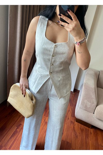 MODA Women's Square Neck Tie Waist Vest Pants Stone Color Two Piece Set