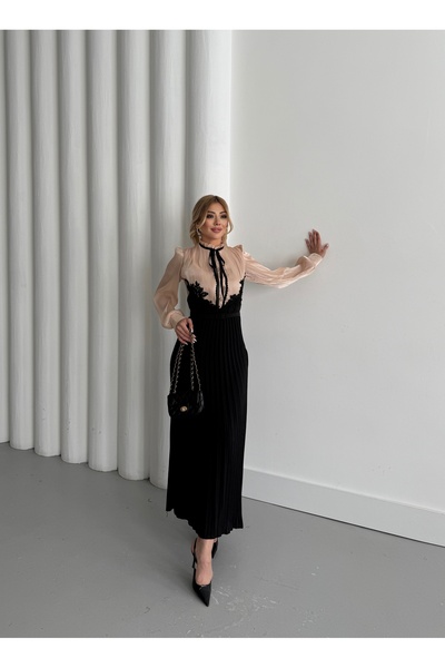 NSHIQ Kadın Şifon Kumaş Varak Baskı Detaylı Piliseli Astarlı Şık Elbise