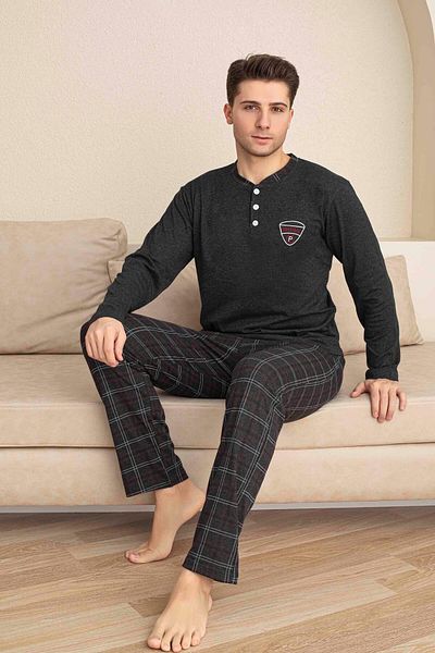 ETHEM TEKSTİL Men's Long Sleeve Printed Six Stripe Pajama Set