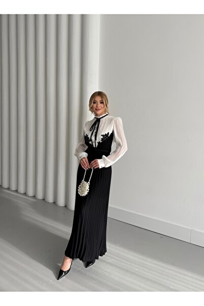 NSHIQ Kadın Şifon Kumaş Varak Baskı Detaylı Piliseli Astarlı Şık Elbise