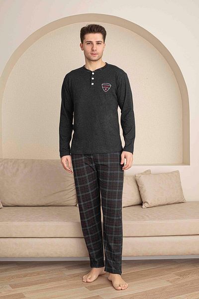 ETHEM TEKSTİL Men's Long Sleeve Printed Six Stripe Pajama Set