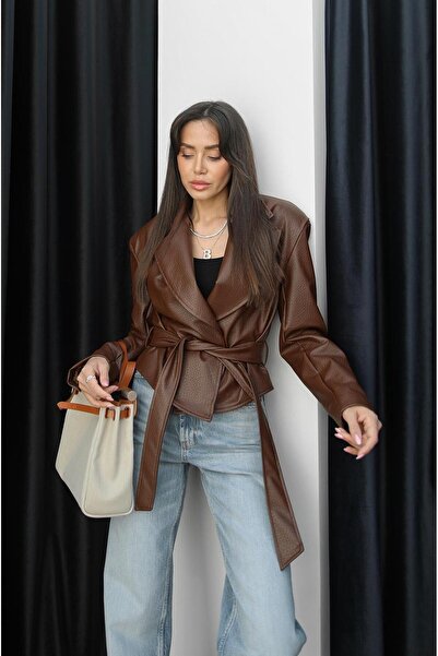 Havoş Hnědá kožená bunda s kravatou do pasu