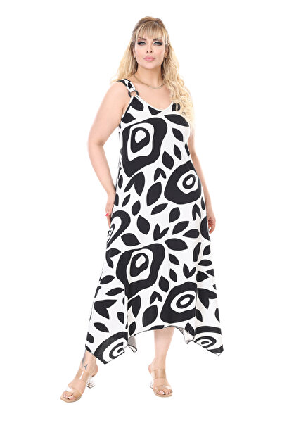 MELSAY Γυναικείο φόρεμα με λουράκι V λαιμόκοψης λευκό μοτίβο μεγάλου μεγέθους