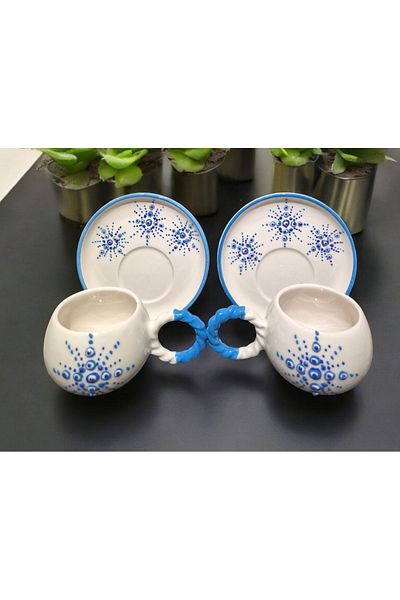 İZart Star Evil Eye Patterned Special Embossed Hand Embroidered 4 Piece 2 Person Cup Set