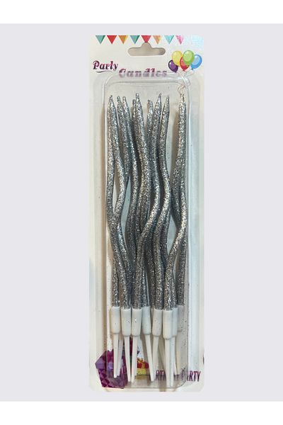 Home Zone 12 Twisted Glitter Birthday Spiral Metallic Cake Candles Thin Long Candles with Holders (Silver)