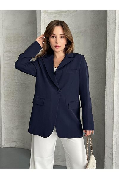 FERZOLAİO Single Button Navy Blue Blazer Jacket