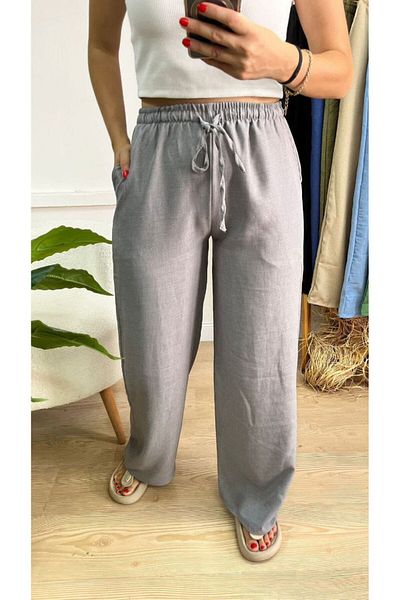 GLİA Lace-Up Wide Leg Linen Trousers