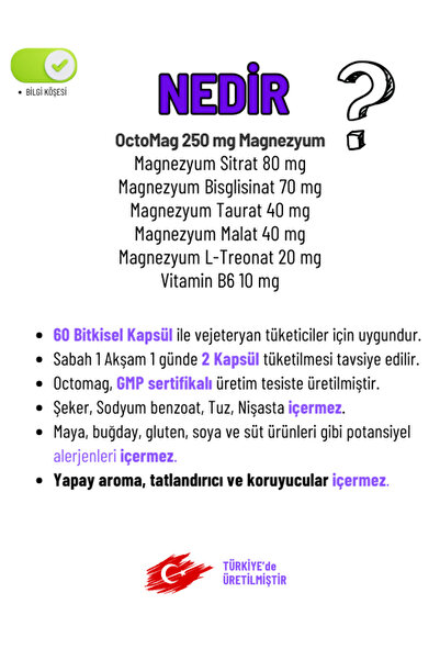 Octomag X5 Ava Magnezyum 250mg Complex 60 Bitkisel Kapsül Malat Sitrat Taurat Bisglisinat Treonat B6