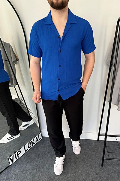 VİP LOKAL Cămașă pentru bărbați cu mânecă scurtă din lycra cu guler apaj cu model din bumbac albastru sax