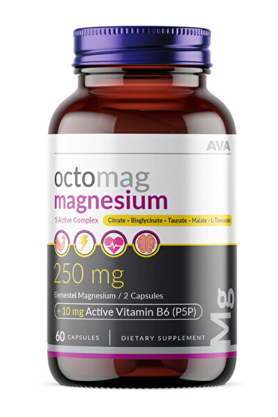 Octomag X5 Ava Magnezyum 250mg Complex 60 Bitkisel Kapsül Malat Sitrat Taurat Bisglisinat Treonat B6