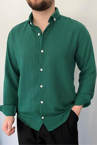 VİP LOKAL Zümrüt Yeşil Slim Fit Dar Kesim Düğmeli Yaka Dokulu Keten Gömlek