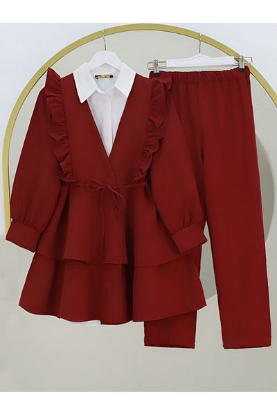 Modamorfo Set kimono cu fustă și pantaloni stratificati - Roșu Claret
