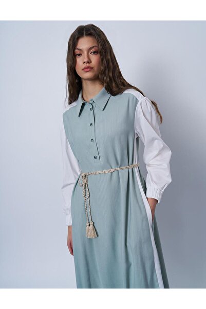 Kayra Örgü Bağcık Detaylı Garnili Elbise Su Yeşili