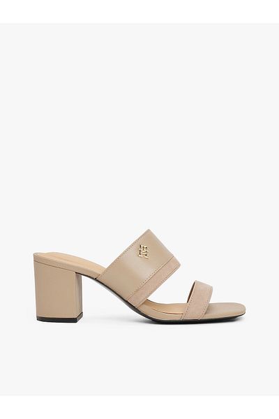 Tommy Hilfiger Women's High Heel Th Logo Double Strap Leather Beige Sandals Fw0Fw08530-Afe