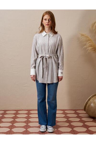 Kayra Gold Düğme Detaylı Gofreli Tunik Kahve