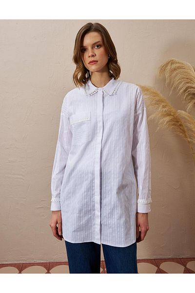 Kayra Optical White Stripe Tasseled Cotton Tunic
