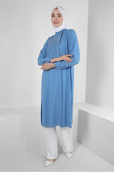 Alvina STONE EMBROIDERED LONG TUNIC WITH SIDE SLIT 43521