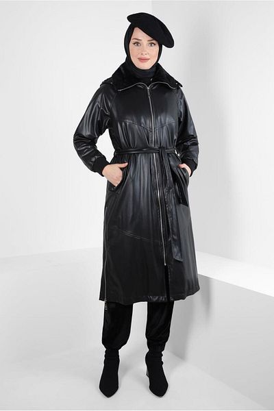 Alvina Hooded Leather Trench Coat 10816
