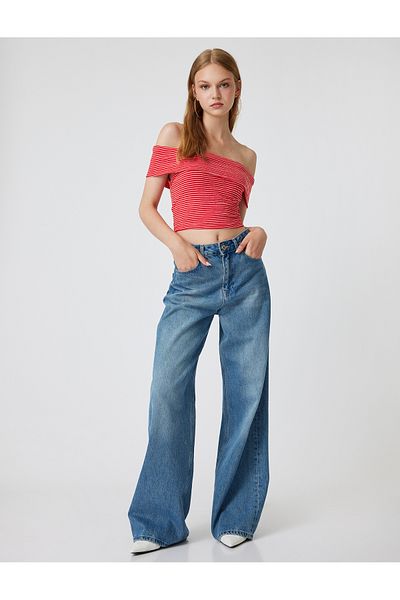 Koton New Season Koton X Sima Tarkan - Off-The-Shoulder Top Coat Detailed Cotton Slim Fit