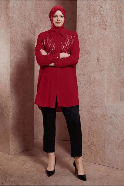Alvina Shirt Collar Sequin Detailed Tunic 44569
