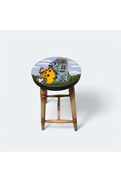 Lotus El Çizimi El Boyaması Ahşap Tabure 60 cm Tabure Yuvarlak Tabure Eskitme Ahşap