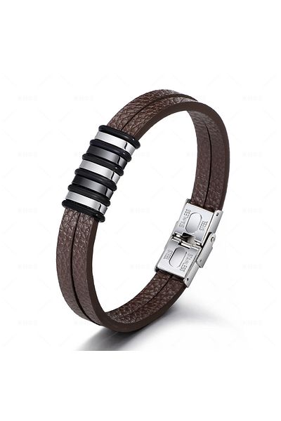 Tesbihane Double Layer Brown Leather & 316l Quality Steel Combination Men's Bracelet