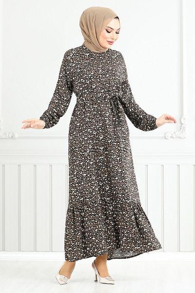 ModaMerve Patterned Viscose Dress 822Ozr1047-M Brown