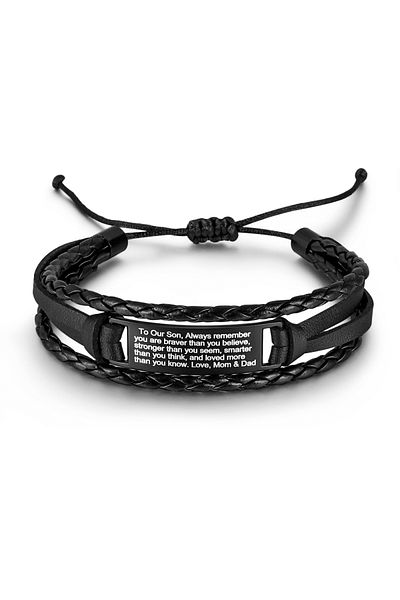 Tesbihane Multi-Layer Genuine Leather Design Men's Bracelet with Steel Plate with Advisory for Boys and Children