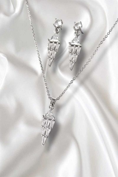 REBORN DESIGN 316L Steel Silver Color Chain Dangle Zircon Stone Model Women's Necklace Earring Set