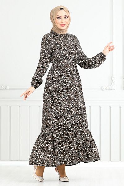 ModaMerve Patterned Viscose Dress 822Ozr1047-M Brown