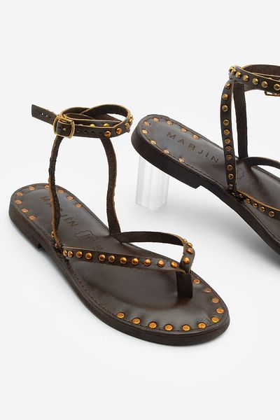 Marjin Genuine Leather Flip Flops Ankle Strap Studded Troc Daily Sandals