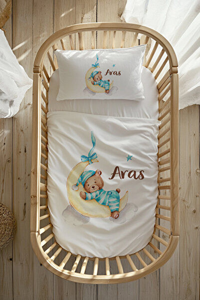 100% Cotton Satin Named Mother's Side Crib Duvet Cover Set (60X100 CM) Teddy Bear
