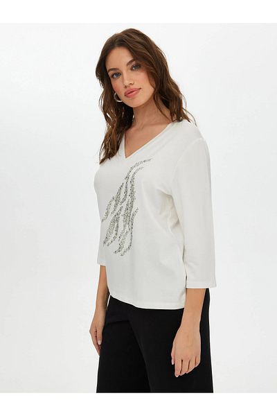 Faik Sönmez Women's V-Neck 3/4 Sleeve Stone Detailed Minimalist T-Shirt