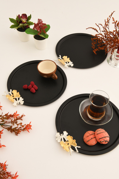 AKSESUAR EVRENİ Alven Kelebek Detaylı Yuvarlak Dekoratif Sunum Tepsisi Siyah ...