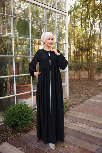 Nissra Black Waist Gathered 3 Piece Hijab Kimono 8024