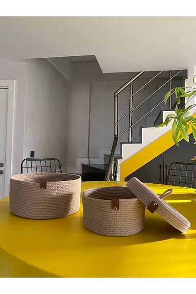 Sevdam Sepet Beige Camel Double Single Lid Basket Set, Cotton Basket Set, Decorative Basket Set, Wicker Basket Set