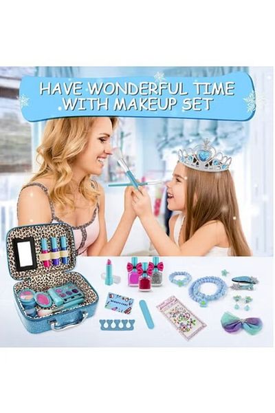 Yelajoy 33-Piece Princess Kids Makeup Set, Safe, Washable, frozen theme, Playset for Girls 3+, Blue