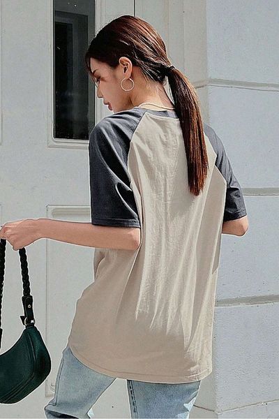 Trendseninle Μπλουζάκι με μπεζ καπνιστό εμπριμέ - Vocation Piece Single Jersey Oversize T-Shirt