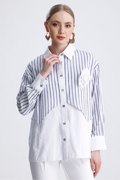 MD trend Women's Rose Detailed Striped Garnished Oversize Poplin Shirt
