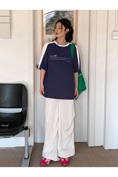 Trendseninle Μπλουζάκι Leisure Future Piece Single Jersey - Navy Blue White Oversize Crew Neck κοντομάνικο μπλουζάκι