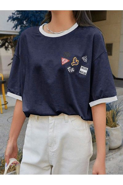Trendseninle Μπλουζάκι Navy Blue White Single Jersey - Oversize Crew Neck, κοντό μανίκι