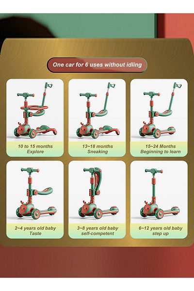 KidLe Kids Scooter 6-in-1 Children's Scooter with Adjustable Seat, Baby Scooter for 1-3-6 Years Boys Girls