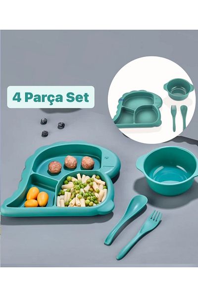 Bayev Dino Blue Baby Food Set - 4 Pieces, Food Plate Set