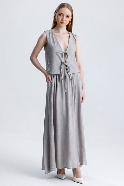 MD trend Women's Tie-Up Vest and Elastic Waist Pocket Lined Bell Skirt Double Summer Set