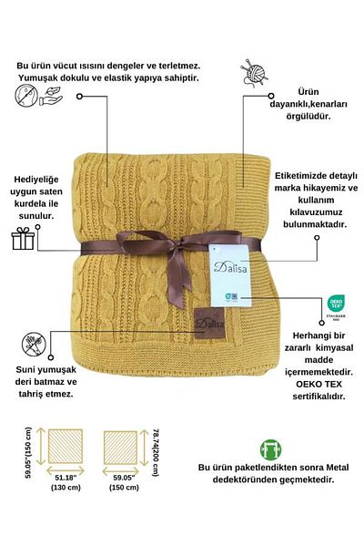 DALİSA Cuo Knitted Knitwear Sofa Shawl, Children's Blanket Mustard - 130x150