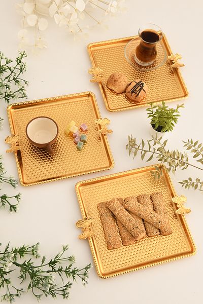 AKSESUAR EVRENİ Karev Butterfly Detailed Square Honeycomb Presentation Tray Set of 3