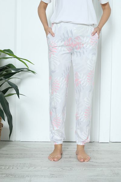 Nicoletta Gray Floral Patterned Lycra Women's Pajama Bottoms - Pockets and Ankle Elastics